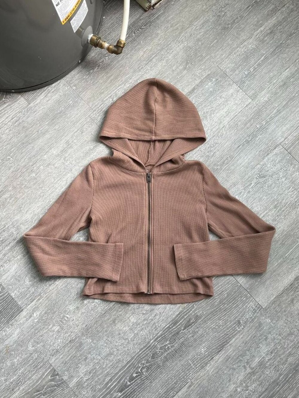 Brown / Tan Hollister Zip-Up Cropped Thermal / Waffle Hoodie